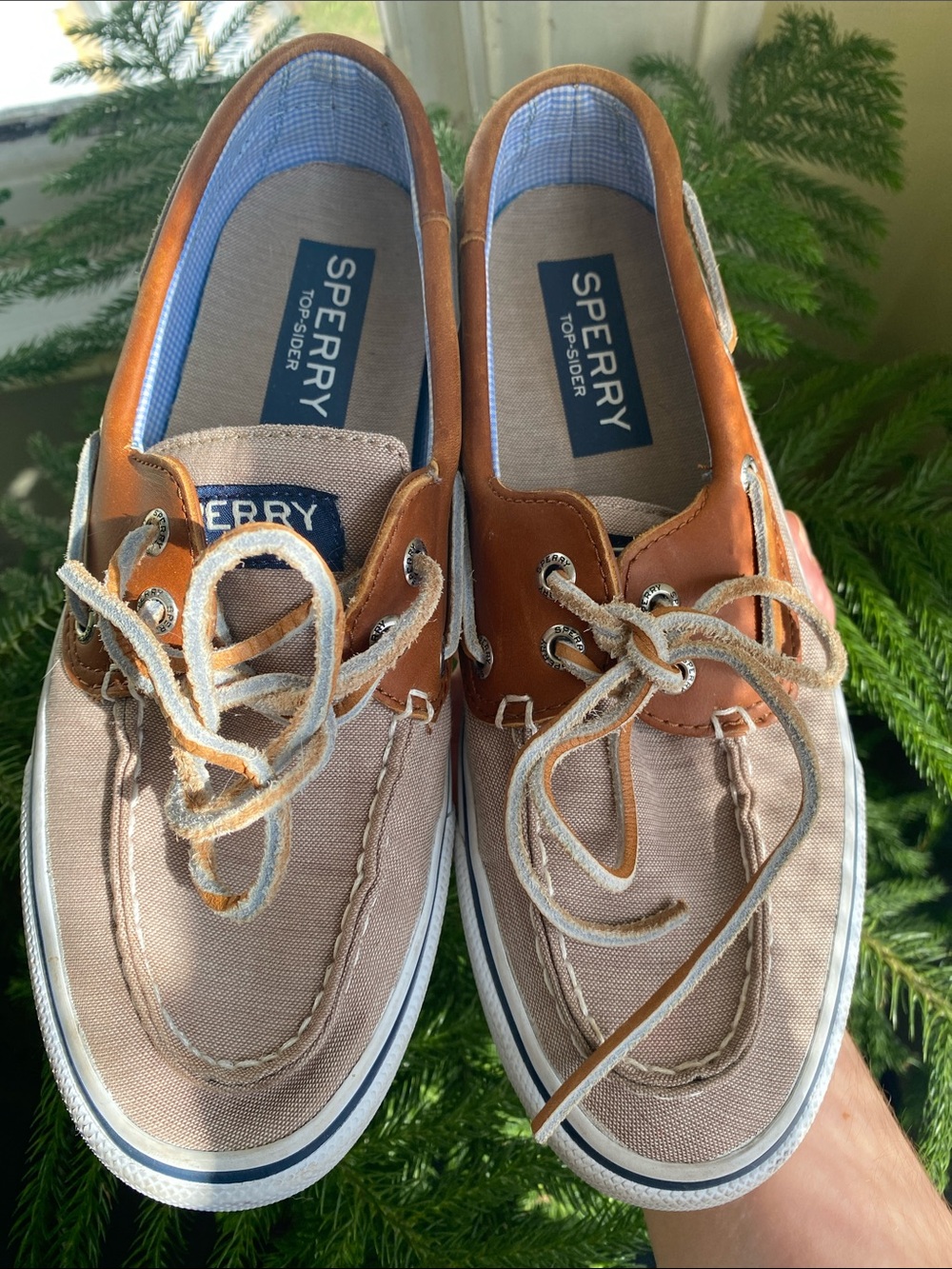 Sperry Two-Tone Tan Canvas and Brown Leather Boat Shoes